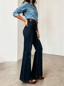 Women's Autumn Dark Wash Wide Leg Jeans, With Pockets, Long Length, Medium Stretch, Flare Leg, Creating Casual Elegant Look Fall - Dark Wash - View 3