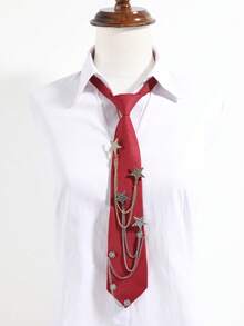 1pc Sweet Cool Style Metal Chain Star No-Tie Necktie, Unisex Preppy Shirt Accessory - Red - View 1