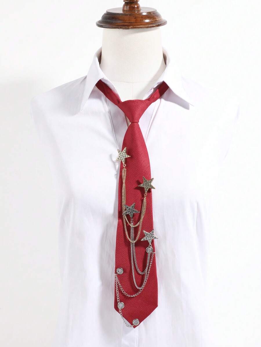 1pc Sweet Cool Style Metal Chain Star No-Tie Necktie, Unisex Preppy Shirt Accessory - Red - View 1