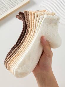 5 Pairs Maillard Color Cable Knit Women's Short Socks, Non-Slip Comfortable Breathable Moisture-Wicking, Suitable For All Seasons, Suitable For Sports And Casual Wear - Multicolor - View 3