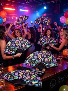 Large Foldable Handheld Rave Fan, Y2K Folding Fan, Suitable For Line Dancing, Music Festivals, Carnivals, Rainbow Outfits, Disco, Neon Party Decor, Mushroom Pattern, Dance Performance Decoration Gift - View 7