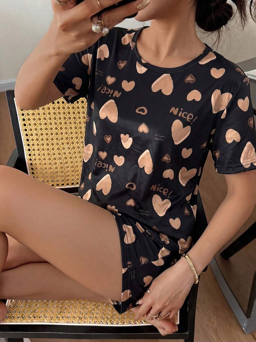 Women's Heart Print Short Sleeve Pajama Shorts Set 2pcs - Black - View 1