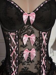 Ladies' Lingerie Set With Lace Patchwork In Three Pieces - Black - View 4