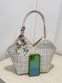 Sac cabas d'épaule en tweed avec décoration de nœud, léger et portable, style décontracté et mode, motif à carreaux, écharpe fine décorative, pour filles, femmes et étudiantes - Blanc - Voir 5