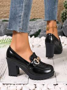 2026 Spring/Autumn New Women's High Heel Slip-On Pumps With Thick Heel, Fashion Buckle Work Shoes - Black - View 5