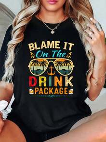 100% Cotton Funny Cruise Blame It On The Drink Package Cruise Vacation T-Shirt Classic Comfort Shirt For Women Graphic Tee Fashion Vacation Tops - Black - View 1
