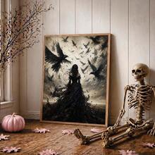 1pc Canvas Wall Art, Framed Wall Decor, Vintage Gothic Style Crows And Black Clothed Woman Canvas Painting, Dark Academia Atmosphere Oil Painting Print, Thriller Dark Pastoral Style Modern Home Decor, Room Decor, Dorm Decor, Bedroom Decor, Bathroom Decor, Kitchen Decor, Dining Room Decor, Living Room Decor, Office Decor, School Decor, Classroom Decor, Back To School Decor - Raven Girl - View 9