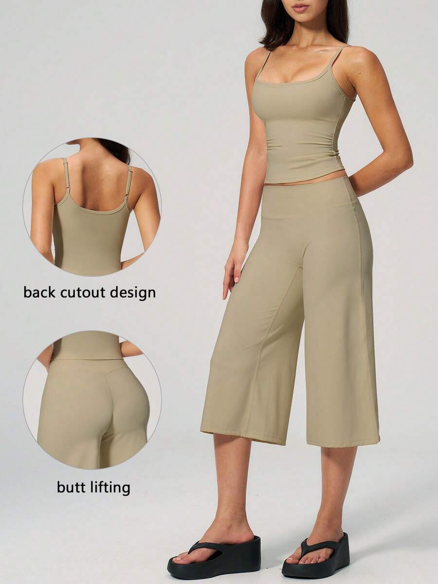 TimeOff Women's One Set Solid Color Adjustable Strap Camisole & Wide Leg Mid-Length Pants Sports Set - Khaki - View 1