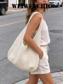 Breathable Mesh Crochet Shoulder Bag, Wide Integrated Strap Simple Solid Color Versatile Summer Seaside Carry Purse - Apricot - View 3