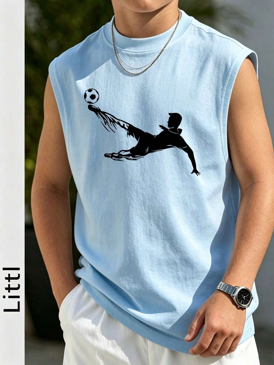 男孩足球之星剪影圖案背心,透氣無袖T恤,適合運動與夏季 - 淺藍色 - 查看 1