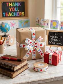 9m-1pc-School Start-Up Gift Wrapping Ribbon, Apple Letter Pattern Ribbon, Back-To-School Gift Wrapping, Suitable For School Start-Up Parties, Back-To-School Gift Wrapping, Back-To-School Supplies, Holiday Parties, Campus Seasons, Birthday Decorations - Multicolor - View 7
