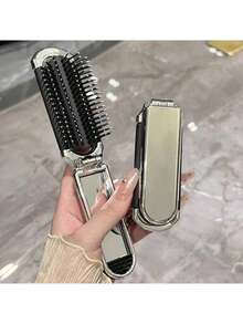 Un peine plateado electrochapado brillante con diseño plegable, un pequeño espejo, compacto y portátil - Plateado - Ver 7