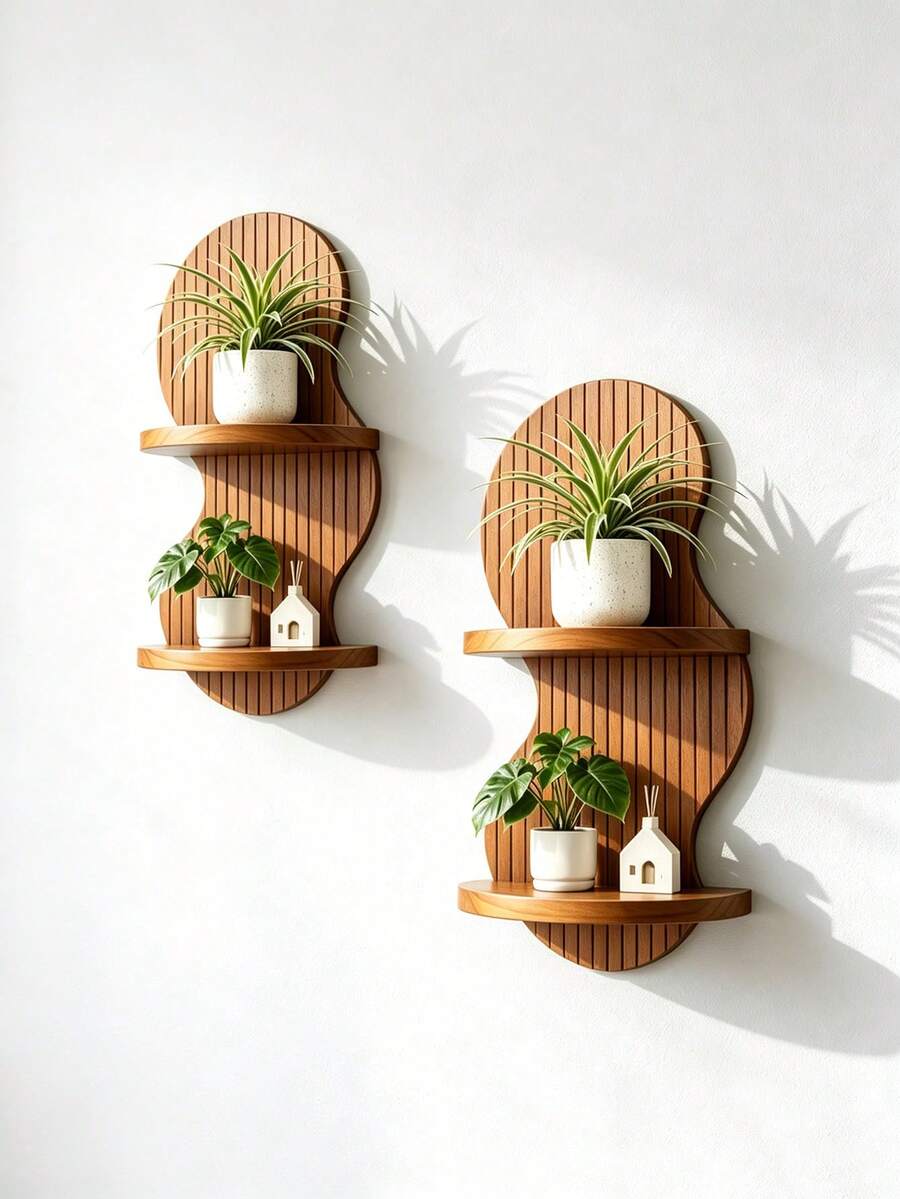 Bohemian Arch Wall Shelf, Double-Layer Hanging Wooden Storage Rack, Mid-Century Modern Wall Decor, Rustic Brown Living Room Bedroom Plant Display Shelf, Suitable For Outdoor Entryway Decoration - View 1