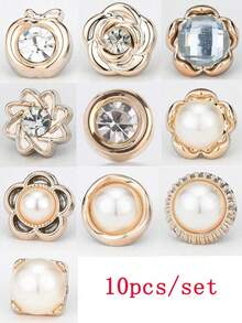 10pcs Seamless Anti-Slip Pearl Brooch Buttons, Adjustable Waist Belt Tightening Buckle, Rhinestone Flower Invisible Fixing Pin, Suitable For Shirts, Dresses And Clothing - White - View 8