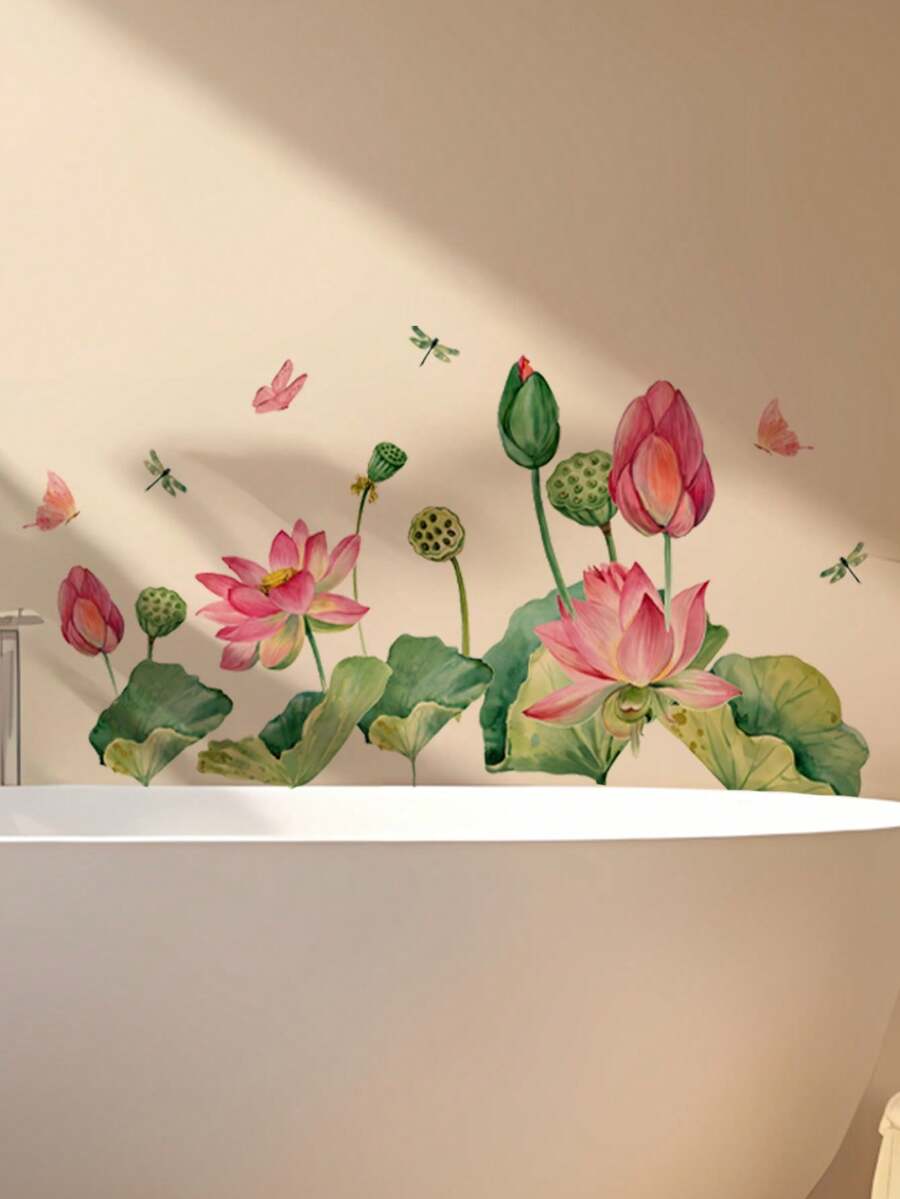 1pc Fresh Watercolor Green Leaf Pink Lotus Dragonfly Wall Decor Sticker, Removable Room Decoration Wall Decal For Living Room, Entryway, Bathroom - 1PC - View 1