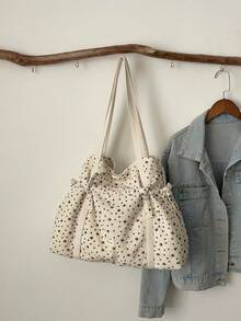 Sweet Cute Star Print Canvas Tote Bag With Dual Drawstring Closure, Soft Large Capacity Shoulder Bag, Fresh College Style Lightweight Bag Suitable For Class And Commute, Can Store Books And Personal Items, Women's Bag - Beige - View 9