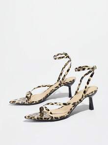 Women's High Heel Sandals With Ankle Strap, Comfortable Textured Solid Color Fabric, Pointed Toe, Kitten Heel, Black, Brown, Leopard Print, Spring/Summer, Nightclub, High-End Party, Cocktail, Outdoor, Fashion Exhibition, Adjustable Ankle Buckle, Versatile, Elegant, Suitable For Evening Gown And Dress - Black and Brown Leopard Print - View 5