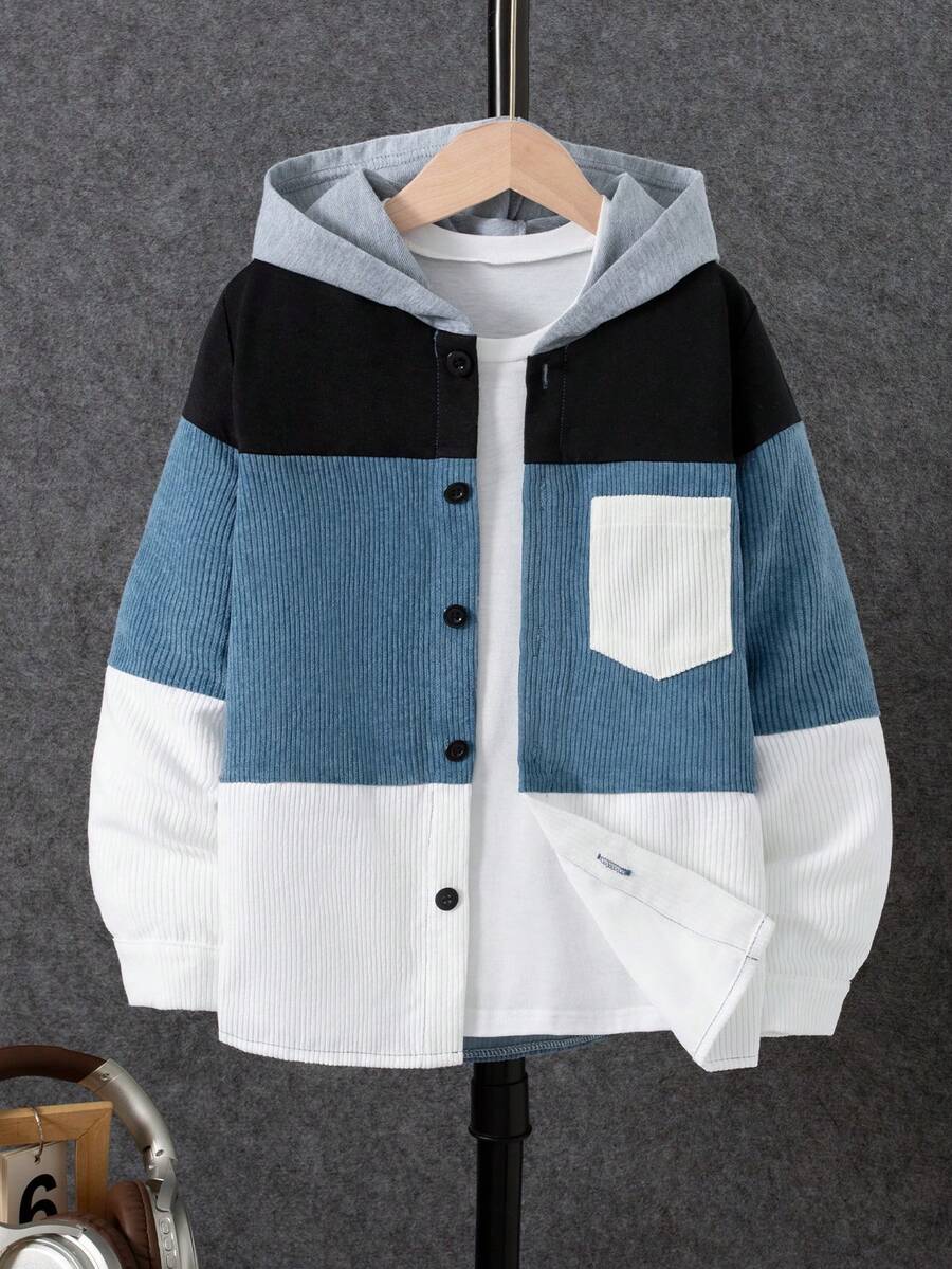 Boys' Fashion Casual 3-Section Color Block Black & White Contrast Hooded Single-Breasted Long Sleeve Jacket, Spring/Autumn - Multicolor - View 1