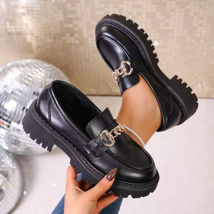Autumn New Slip-On Rubber Loafers Round Toe Black Leather Shoes Versatile New Chinese Style - Black - View 1