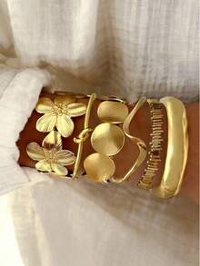 Juego de 6 pulseras de metal abiertas con diseño floral suave, disco redondo geométrico y capas de ondas - Dorado - Ver 1