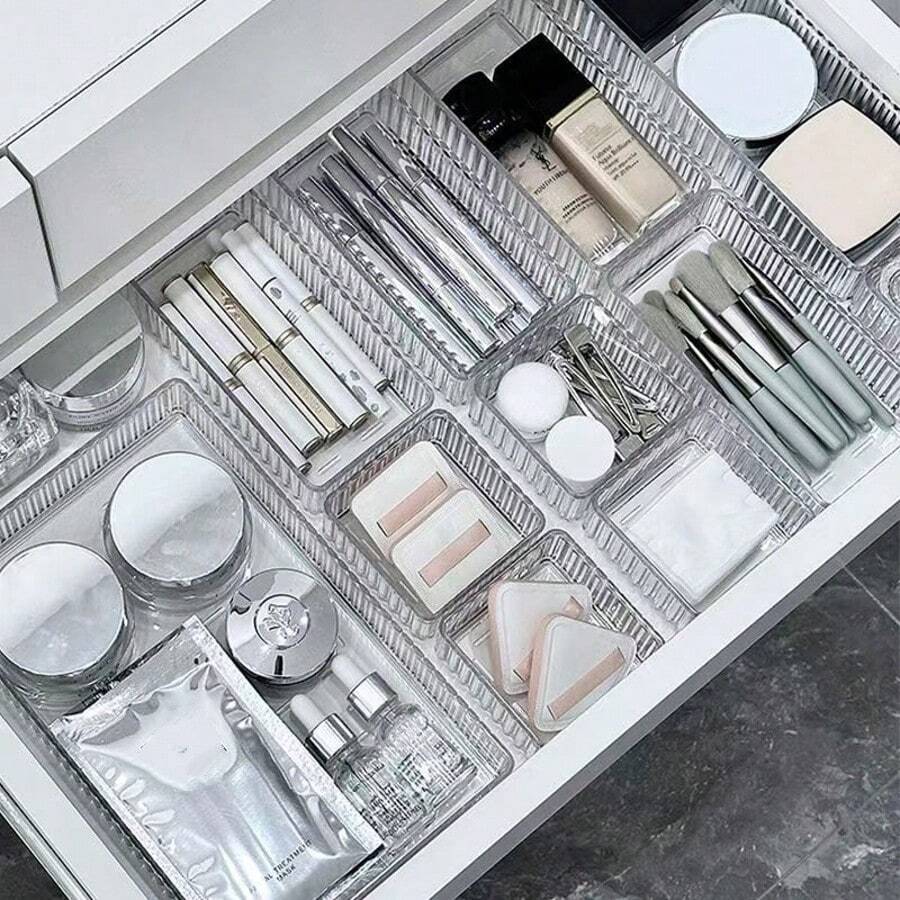 1 Set (7pcs/5pcs/4pcs/1pc) Vertical Striped Transparent Drawer Divider Storage Box, Stackable Cosmetic Organizer Basket, Desktop Makeup & Sundries Sorting Storage Box - Multicolor - View 1
