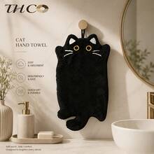 2-Piece And 1-Piece Wall-Mounted Black Cat Hand Towels, Kitchen Heat-Resistant Mats, Thickened Absorbent Coral Fleece Cleaning Cloths And Hand Towels - Black Cat - View 2