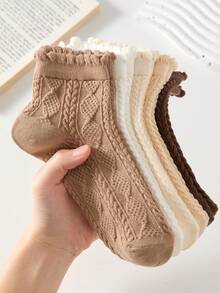 5 Pairs Maillard Color Cable Knit Women's Short Socks, Non-Slip Comfortable Breathable Moisture-Wicking, Suitable For All Seasons, Suitable For Sports And Casual Wear - Multicolor - View 1