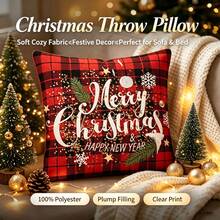 1 Stück doppelseitig bedruckter Büffel-Karo-Kissenbezug, Frohe Weihnachten & Frohes Neues Jahr Schneeflocken-Kieferndruck quadratischer Kissenbezug, 100% Polyester weicher Stoff, Sofa Schlafzimmer Weihnachts-Neujahrs-Heimdekoration, perfektes Feiertagsgeschenk, ohne Kissenfüllung - Verschiedenfarbig - Übersicht 13