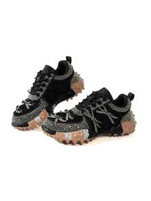 LiangJingJing Zapatos casuales rosas para mujer con patchwork de bloques de color, estilo de fiesta de moda, adornos de cristales artificiales, lentejuelas y gemas, zapatillas deportivas brillantes, adecuadas para gimnasio, exterior, todas las estaciones - Negro - Ver 1