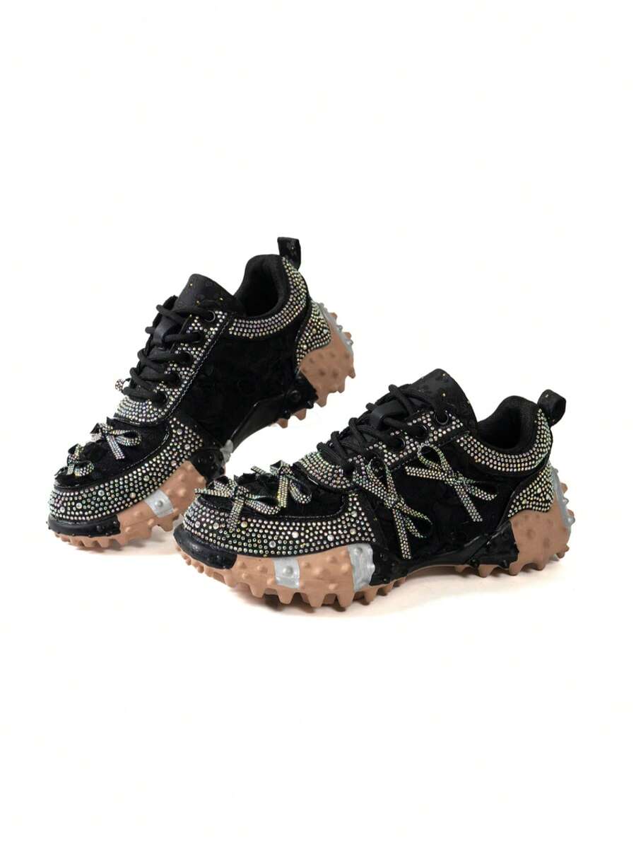 LiangJingJing Zapatos casuales rosas para mujer con patchwork de bloques de color, estilo de fiesta de moda, adornos de cristales artificiales, lentejuelas y gemas, zapatillas deportivas brillantes, adecuadas para gimnasio, exterior, todas las estaciones - Negro - Ver 1