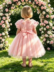 Baby Girl Princess Tulle Dress, 3D Floral Design, Suitable For Flower Girl, Wedding, Performance And Other Occasions - Pink - View 2