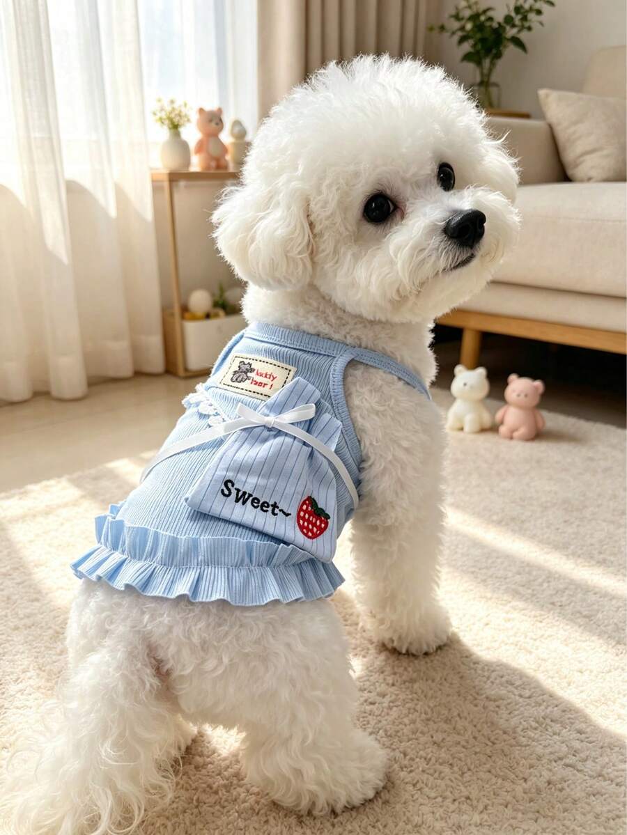 1pc New Pet Dog Clothes Spring/Summer Strawberry Embroidered Camisole Dress, Thin Cute Soft Sweetheart Tank Dress For Cats, Bichon, Small Dogs, Teddy - Multicolor - View 1
