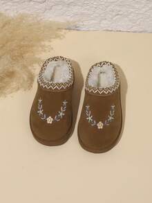 Unisex Kids Vintage Woven Trim Embroidered Slippers, Versatile Autumn/Winter Home Warm Slippers - Brown - View 4