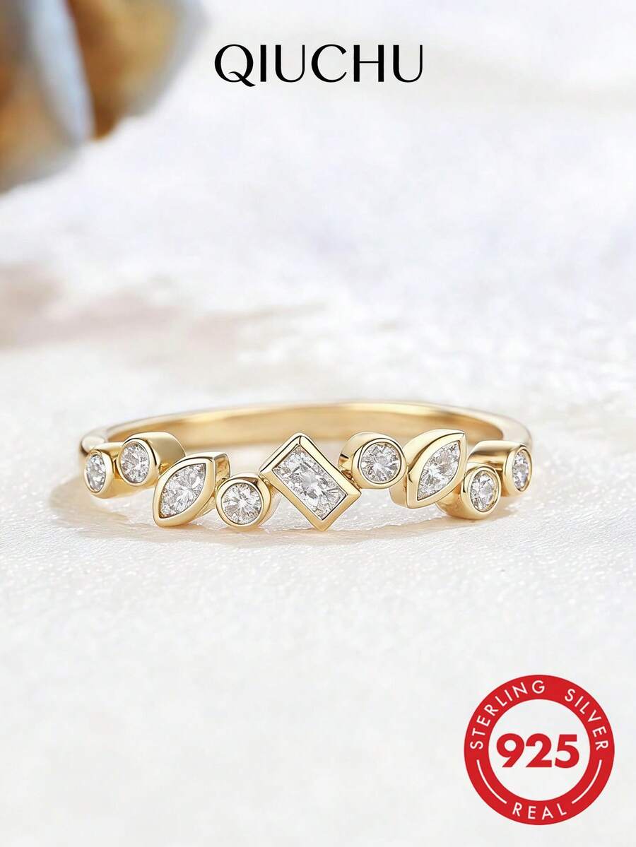 QIUCHU 1pc, S925 Sterling Silver; Asymmetrical Elegant Personalized Ring, French Luxury Niche Versatile Finger Ring, Elegant Exquisite High-End Tail Ring. Lead, Cadmium, Nickel Free, Low Allergenic. Silver Net Weight 1.3g~1.4g; Perfect Choice For Dating, Daily Gatherings, And Also An Excellent Holiday Gift. US Size 6~US Size 9. - Gold - View 1