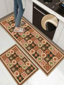 1pc European-Style Symmetrical Floral Tile Retro Kitchen Mat, Made Of 3.5 Mm Soft Rubber Material, Water-Absorbing Mat, Suitable For Use In Kitchens, Bathrooms, Living Rooms, Outdoor Door Mats, Kitchen Floor Mats, Home Decor Items, And Bathroom Mats. - Multicolor - View 2