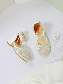 Sepatu Hak Tinggi Nyaman Berujung Bulat Berbahan Jala untuk Anak Perempuan, Sepatu Putri Serbaguna untuk Pemakaian Sehari-hari - Putih - View 7