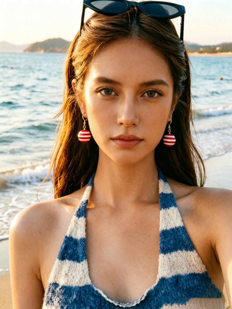 1 Pair Y2K Hot Girl Colorful Striped Acrylic Ball Earrings, Cute Candy Dopamine Color Block Versatile Girl Ear Hooks - Striped Earrings - View 1
