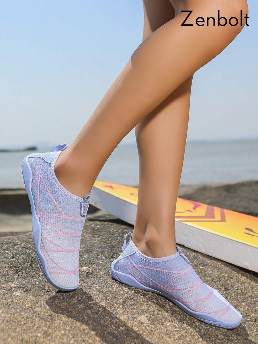 Zenbolt Women's Breathable Water Shoes, Slip-On Barefoot Shoes, Quick-Dry Beach Socks, Women's Water Shoes, Striped Letter Pattern, Suitable For Surfing, Rafting, Boating, Swimming, River Hiking, Water Ballet, Yoga, Fitness - Blue-purple - View 1