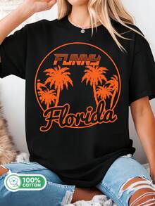 Fun 100% Cotton Retro Florida Palm Tree Graphic T-Shirt, Summer Beach Style, Casual Vacation Tee. - 黑色 - 查看 1