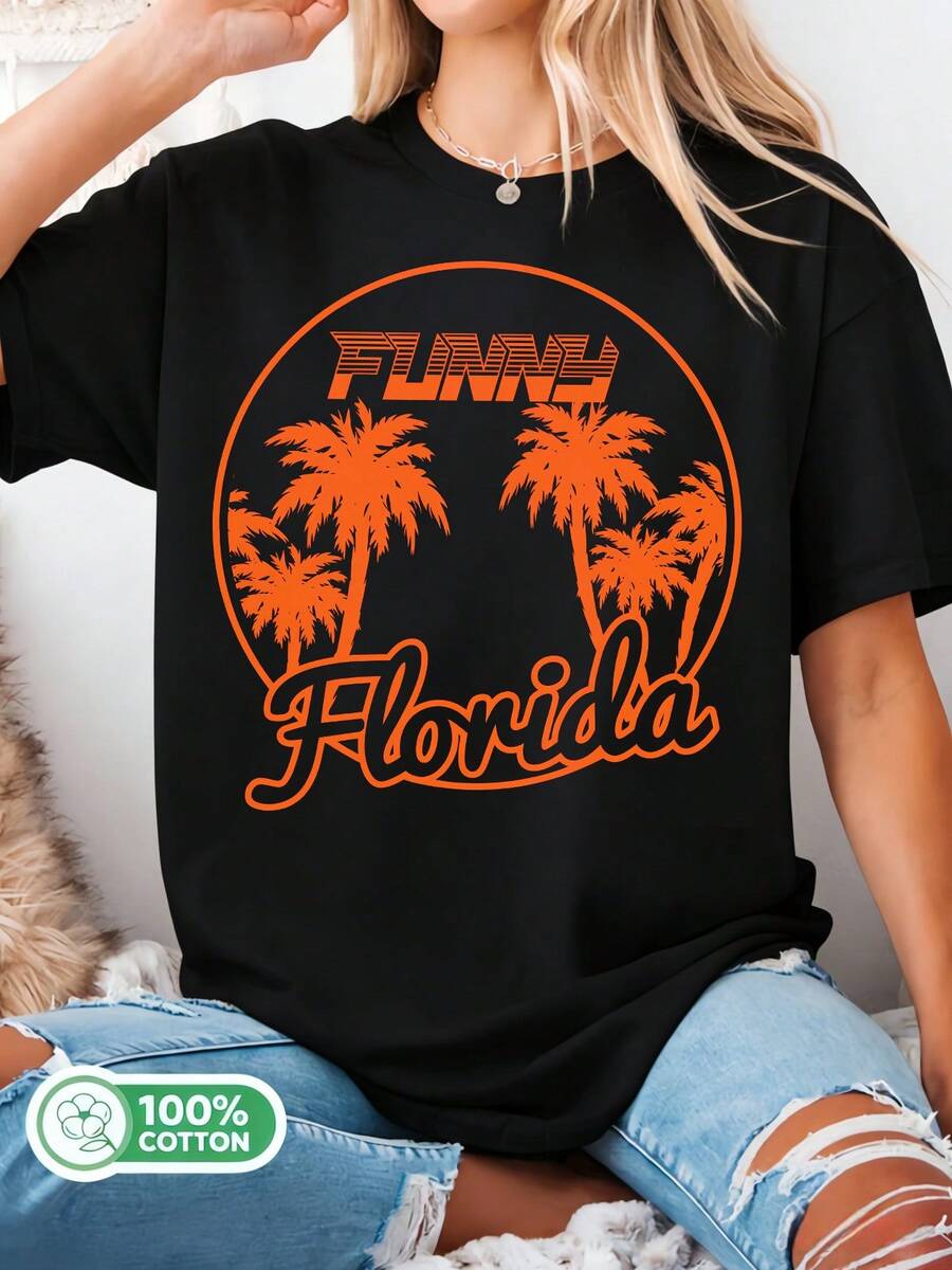 Fun 100% Cotton Retro Florida Palm Tree Graphic T-Shirt, Summer Beach Style, Casual Vacation Tee. - 黑色 - 查看 1