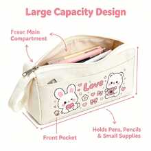Cute Cartoon Rabbit & Bear Canvas Pencil Case, Heart Pattern Large Capacity Pencil Pouch, Perfect Back To School Gift For Kids, First Day Of School - Multicolor - View 8