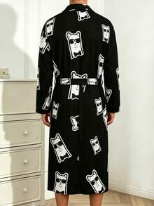 Men's Long Sleeve Cartoon Alpaca With Fashion Glasses Comfortable Unisex Robe With Belt - Multicolor - View 2