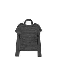Women's Patchwork Striped 2-In-1 Long Sleeve Turtleneck Top T-Shirt, Korean Style Vintage Base Layer (Random Stripes), Casual Winter Style - Black and Gray - View 6
