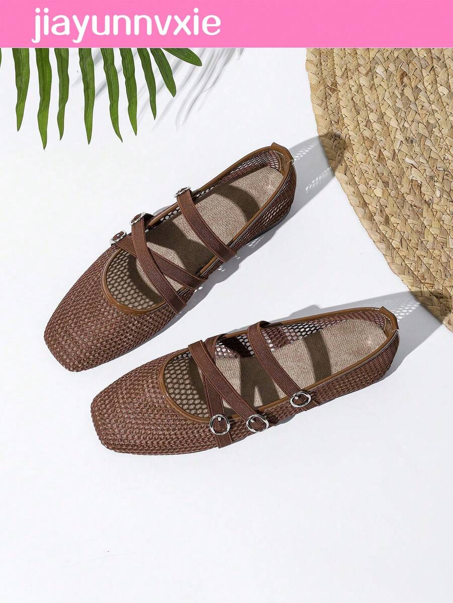 Square Toe Mary Jane Shoes, Three-Strap Elastic Banded, Breathable Mesh Summer Shoes, Fashionable & Elegant Flat Design