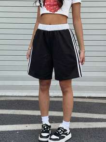 1 buc. pantaloni scurți Bermuda sport casual pentru fete adolescente, cu buzunar și contrast de culoare, stil școlar, primăvară-toamnă-iarnă - Negru - Vizualizare 6