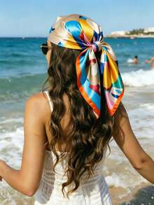 Pañuelo de satén con estampado geométrico abstracto colorido para mujer, banda de cabello cuadrada de seda extragrande, accesorio multifuncional de protección solar, adecuado para vacaciones en la playa, piscina, resort tropical y festival de música - Multicolor - Ver 3