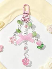1pc Exquisite Sweet Pink Resin Bow Flower Bag Charm, Glitter Wing Keychain Pendant - Multicolor - View 2