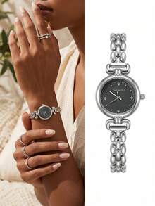 Women's Fashion Minimalist Round Center Pattern Mixed Rhinestone Heart-Shaped Quartz Watch 1pc/Set - Gold - View 12