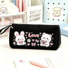 Cute Cartoon Rabbit & Bear Canvas Pencil Case, Heart Pattern Large Capacity Pencil Pouch, Perfect Back To School Gift For Kids, First Day Of School - Multicolor - View 13
