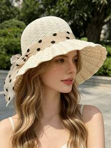 1pc Straw Hat, Women's Summer Hat With Ribbons, Raffia Sun Hat, Stylish Mom's Sun Hat, Summer Women's Sunshade Hat, Straw Hat, Foldable - Polka Dot Ribbon Ruffled Beige Straw Hat - View 3